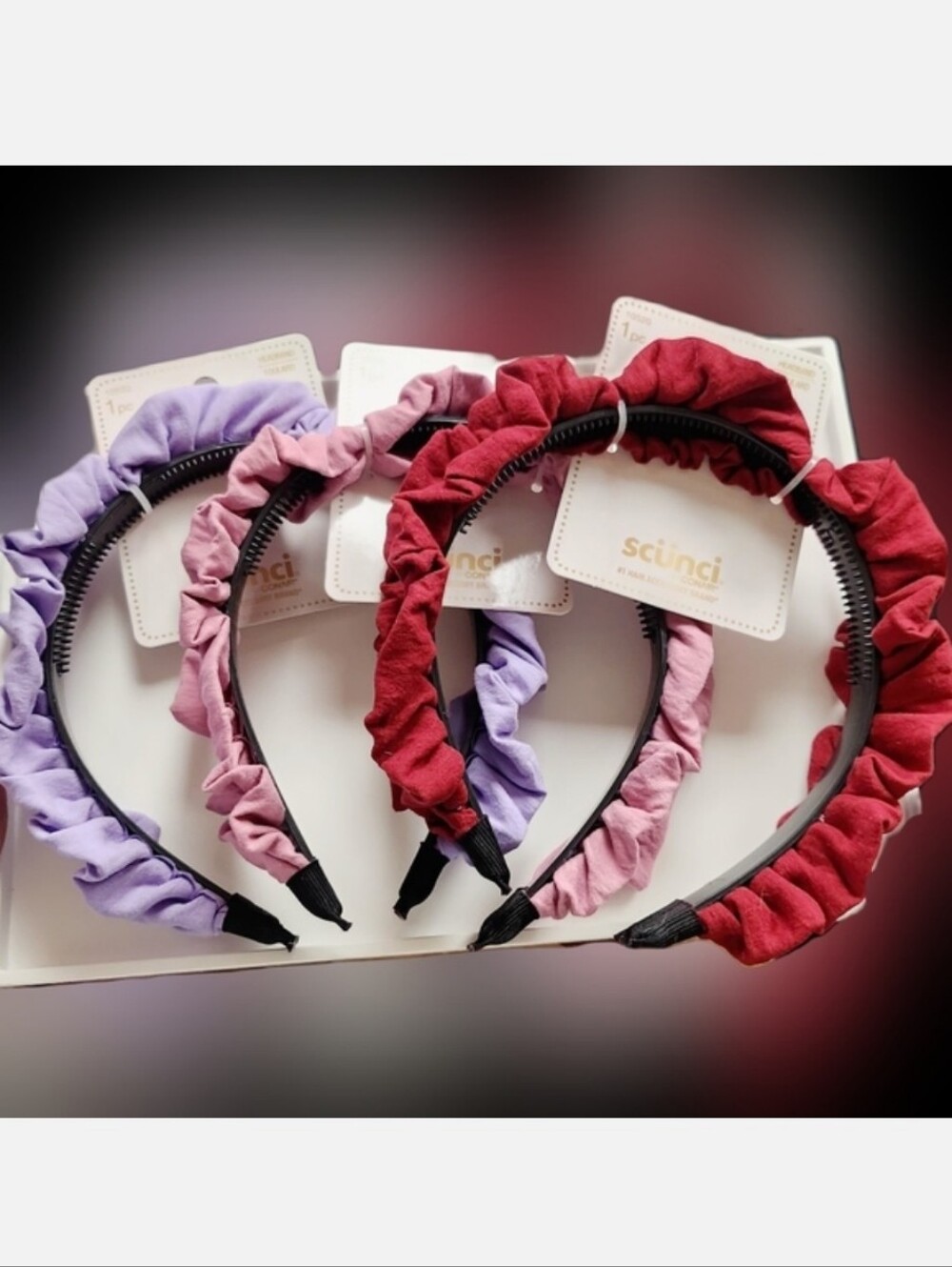 NWT SET OF 3 SCÜNCI RUFFLE COTTON HEADBANDS: PURPLE, PINK, MAROON!